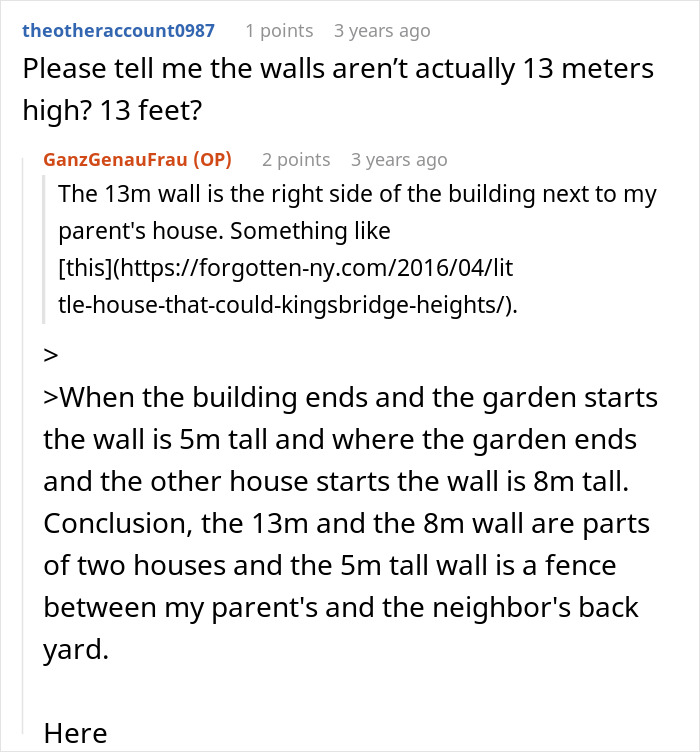 Comment discussing the height and structure of a tall concrete wall between neighbors’ properties and gardens.