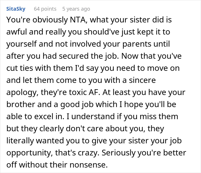 Comment discussing parents demanding a woman give up an amazing career opportunity to her spoiled golden-child sister. Comment discussing parents demanding a woman give up an amazing career opportunity to her spoiled golden-child sister.