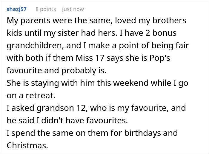 Screenshot of an online comment discussing a MIL admitting to having a favorite grandchild while others feel burdened. Screenshot of an online comment discussing a MIL admitting to having a favorite grandchild while others feel burdened.