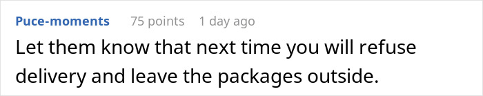 Comment advising to refuse delivery and leave wrongly sent packages outside, highlighting company expecting return on customer’s dime.