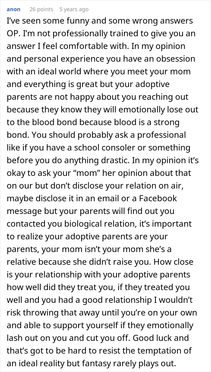 Reddit text post discussing a woman’s desire to reunite with her bio family and adoptive parents’ emotional threats. Reddit text post discussing a woman’s desire to reunite with her bio family and adoptive parents’ emotional threats.