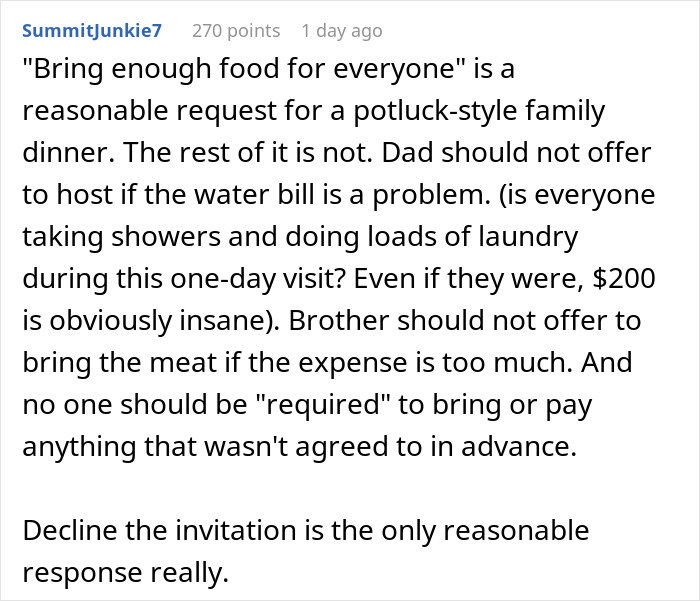 Screenshot of a Reddit comment discussing refusing to bring expensive food for Thanksgiving at a family potluck. Screenshot of a Reddit comment discussing refusing to bring expensive food for Thanksgiving at a family potluck.