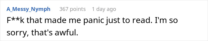 Text comment expressing panic and sympathy about a woman discovering her mom spied on her therapy sessions.