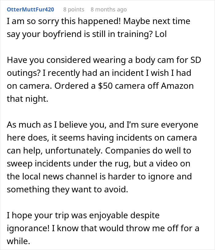 Reddit comment discussing Disneyland security questions about a disabled woman bringing a service dog on outings. Reddit comment discussing Disneyland security questions about a disabled woman bringing a service dog on outings.