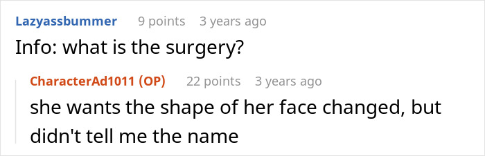 Conversation excerpt where a user discusses refusing help to recover from cosmetic surgery without naming the procedure. Conversation excerpt where a user discusses refusing help to recover from cosmetic surgery without naming the procedure.