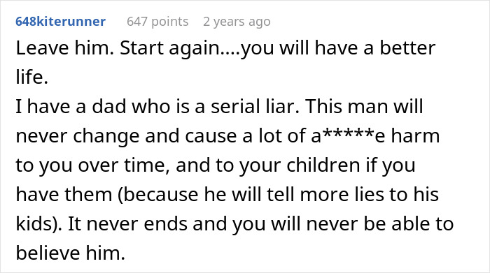 Screenshot of a Reddit comment discussing a man lying about a master's degree and the impact on family trust. Screenshot of a Reddit comment discussing a man lying about a master's degree and the impact on family trust.