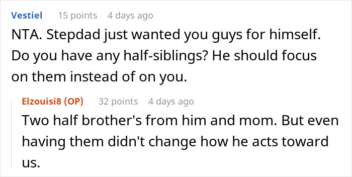 Online conversation about a stepdad trying to displace kids’ bio dad, discussing family dynamics and sibling relationships.