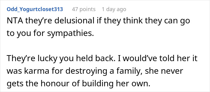 Screenshot of a Reddit comment discussing a cheating husband furious at his ex-wife over his mistress’s infertility. Screenshot of a Reddit comment discussing a cheating husband furious at his ex-wife over his mistress’s infertility.