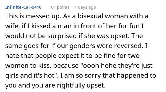 Comment discussing a bisexual woman’s perspective on a girlfriend kissing another woman in front of friends. Comment discussing a bisexual woman’s perspective on a girlfriend kissing another woman in front of friends.