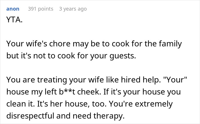 Internet comments criticizing a man who keeps inviting guests and expecting his wife to cook repeatedly.