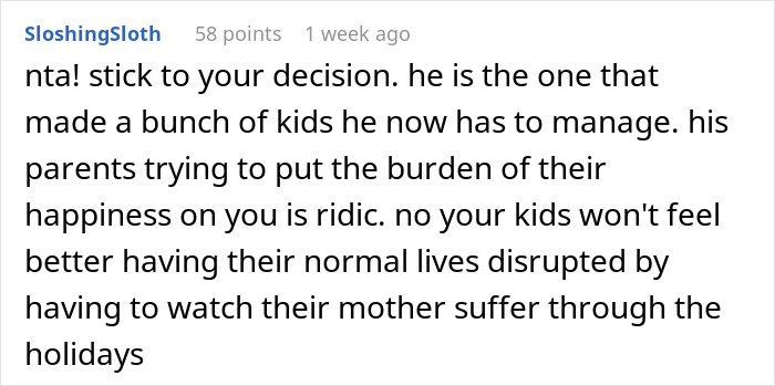 Screenshot of a Reddit comment supporting a woman refusing to host a blended family Christmas with her ex&rsquo;s affair kids.