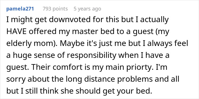 Comment from user discussing offering master bed to guest and prioritizing their comfort over distance issues in pregnancy SIL offense story.