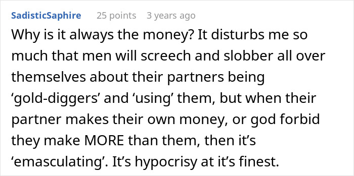 Comment discussing men’s hypocrisy when partners achieve success, relating to a woman leaving the US for France. Comment discussing men’s hypocrisy when partners achieve success, relating to a woman leaving the US for France.