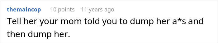 Screenshot of an online comment advising to tell mom to dump daughter's happy relationship after a date.