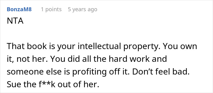 Screenshot of a forum comment discussing a woman stealing sister-in-law’s book and losing all profits gained.