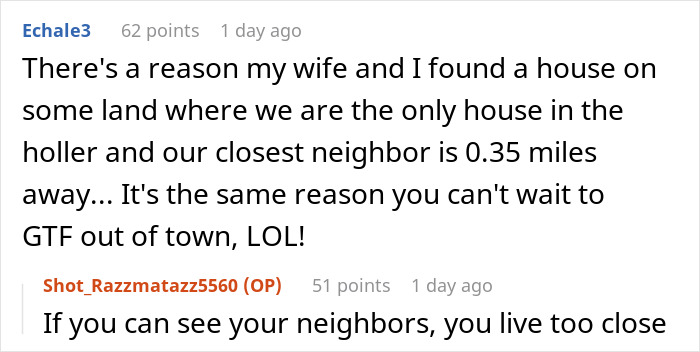 Online comment about neighbors and living far apart, discussing privacy and avoiding early morning disturbances. Online comment about neighbors and living far apart, discussing privacy and avoiding early morning disturbances.