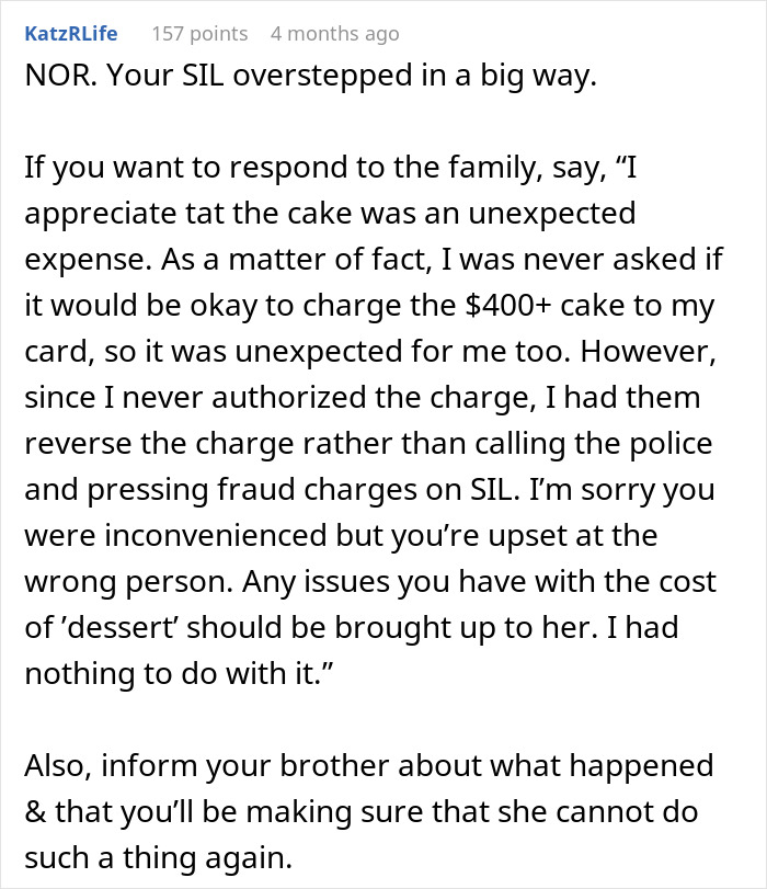 Screenshot of a Reddit comment discussing a rich man refusing to pay for a cake his sister-in-law ordered behind his back. Screenshot of a Reddit comment discussing a rich man refusing to pay for a cake his sister-in-law ordered behind his back.