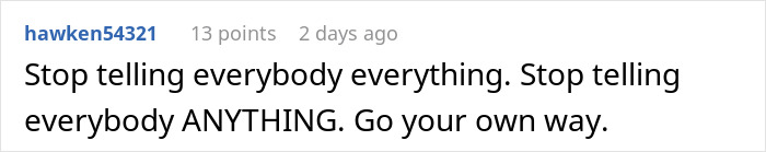 Comment on social media about keeping secrets and independence, relating to sister wedding money culture discussions.