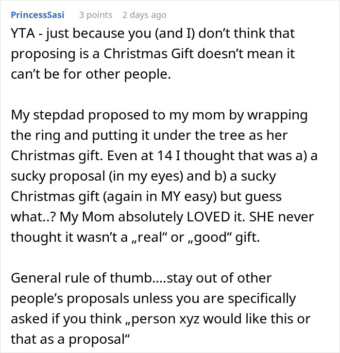 Comment discussing how a man thinks his proposal counts as a Christmas gift and receives a reality check. Comment discussing how a man thinks his proposal counts as a Christmas gift and receives a reality check.
