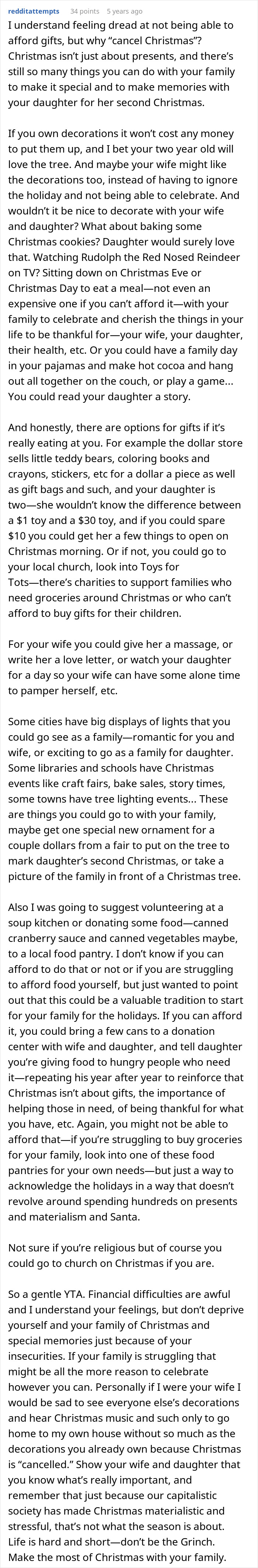 Father struggling to afford Christmas considers canceling it, worrying his family won’t remember or care about gifts.