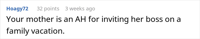 Screenshot of an online comment where a user criticizes someone for inviting their boss on a family vacation.