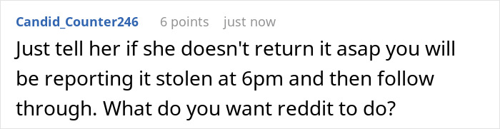 Screenshot of a Reddit comment discussing a borrowed car that was kept for days and the issue of asking for it back.