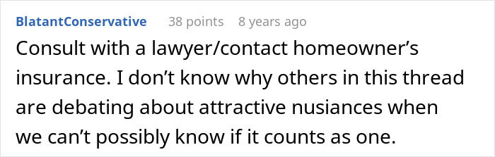 Screenshot of an online comment discussing legal advice about kids using neighbor’s yard without asking and related liability issues.