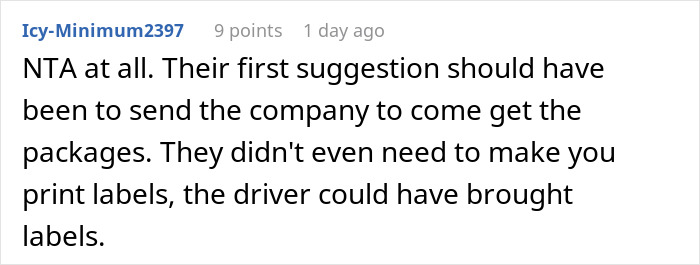 Screenshot of a Reddit comment discussing packages sent to the wrong address and who should cover return shipping costs.