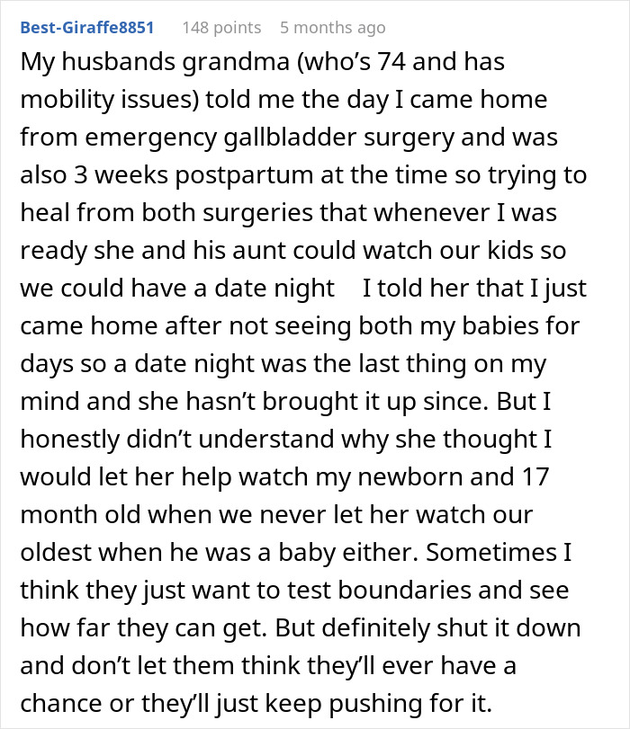 Mom explains why she won’t leave baby alone with mom or mother-in-law due to discomfort and boundary concerns.