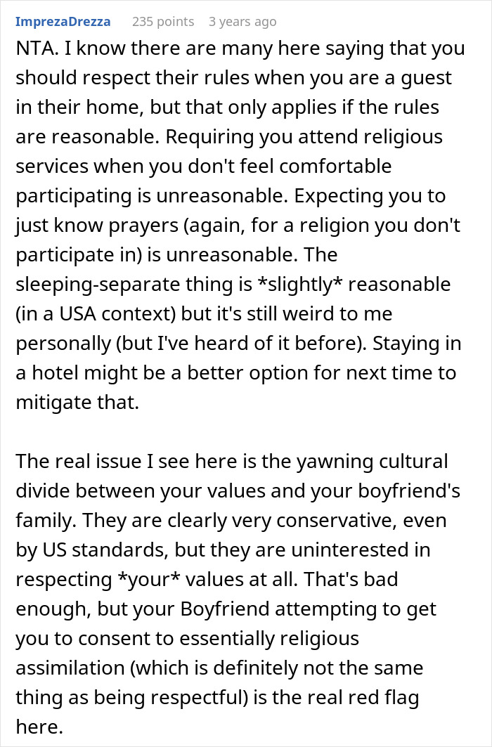 Reddit comment discussing MIL making son's girlfriend sleep separately over church attendance and prayer conflicts.