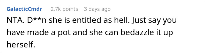 Reddit comment discussing MIL offering to make morning coffee for DIL, ignoring instructions after fancy recipe demand. Reddit comment discussing MIL offering to make morning coffee for DIL, ignoring instructions after fancy recipe demand.
