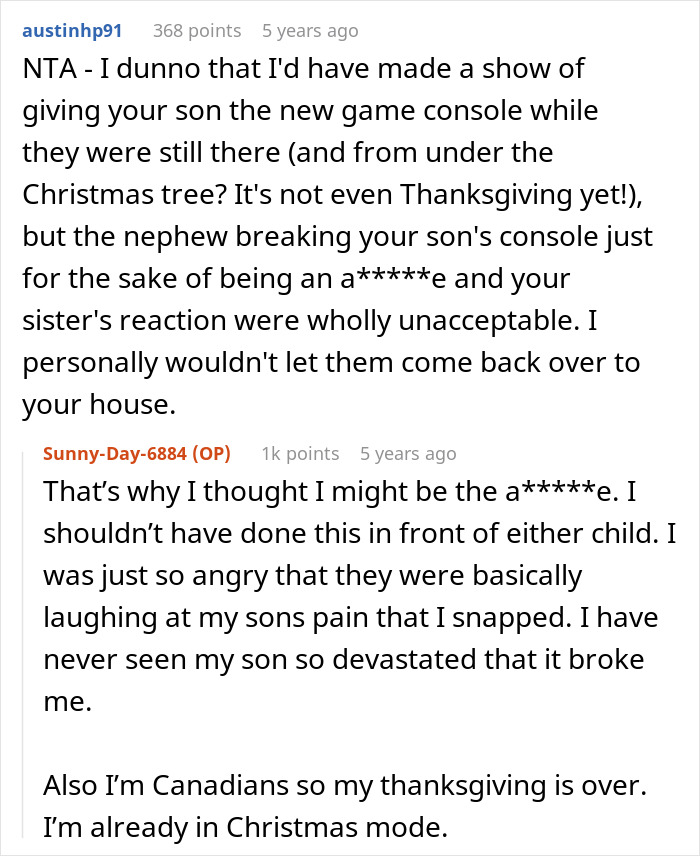 Reddit comments discussing a woman who took back her nephew's Christmas gift after he broke her son's game console.