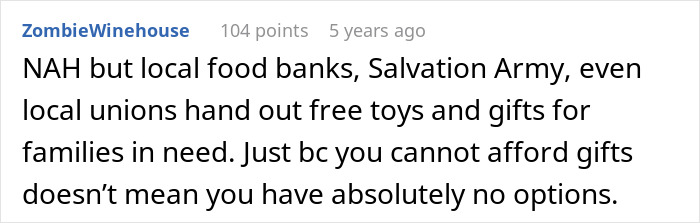 Comment discussing that local food banks and charities provide free toys and gifts for families who cannot afford Christmas expenses.