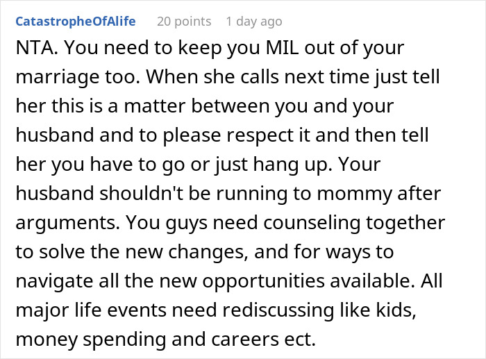 Comment text discussing a woman refusing to quit job after husband’s promotion and MIL lecturing on gender roles. Comment text discussing a woman refusing to quit job after husband’s promotion and MIL lecturing on gender roles.