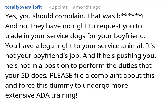 Comment on Disneyland security questioning why a disabled woman brought a service dog despite having a boyfriend, affirming service animal rights. Comment on Disneyland security questioning why a disabled woman brought a service dog despite having a boyfriend, affirming service animal rights.