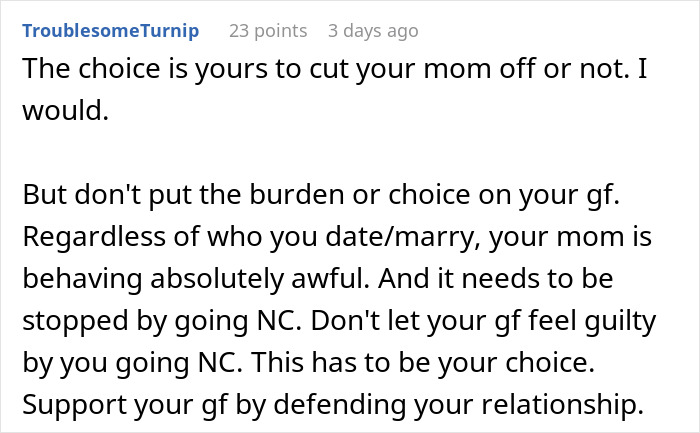 Reddit comment advising a man to cut ties with his mother after she reveals true colors through texts to his girlfriend.