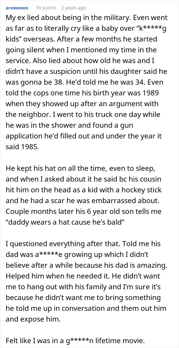 Screenshot of a Reddit post describing lies about military service, age, and deception uncovered by a partner. Screenshot of a Reddit post describing lies about military service, age, and deception uncovered by a partner.