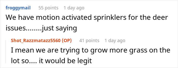 Text conversation about motion activated sprinklers for deer and efforts to grow more grass on the lot at early morning. Text conversation about motion activated sprinklers for deer and efforts to grow more grass on the lot at early morning.