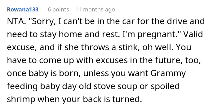 Screenshot of a forum comment discussing hazardous MIL cooking and a pregnant woman wanting to skip Thanksgiving. Screenshot of a forum comment discussing hazardous MIL cooking and a pregnant woman wanting to skip Thanksgiving.