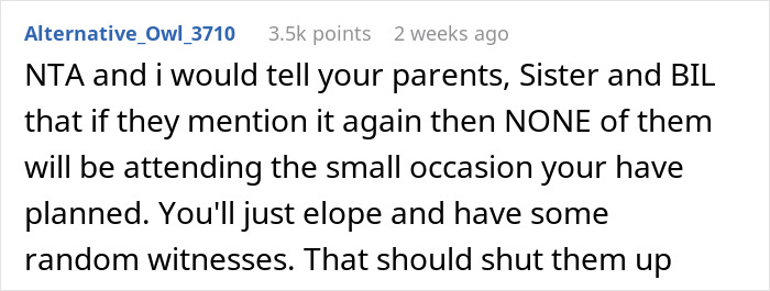 Screenshot of an online discussion about a guy rejecting his sister’s idea for his big wedding causing family conflict. Screenshot of an online discussion about a guy rejecting his sister’s idea for his big wedding causing family conflict.