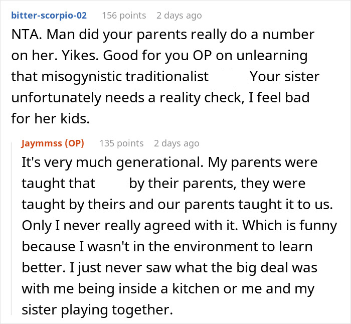 Reddit comments discussing a trad wife sister disgusted by brother doing womanly things and refusing to cook for family.