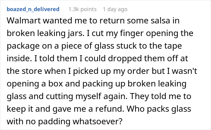 Screenshot of a Reddit comment about a company sending packages to the wrong address and issues with returns and refunds.