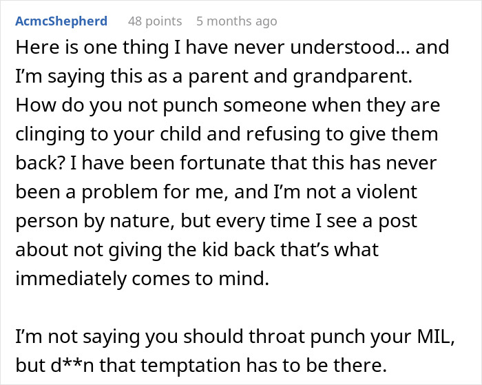 Comment discussing discomfort and challenges related to leaving baby with mom or mother-in-law alone.