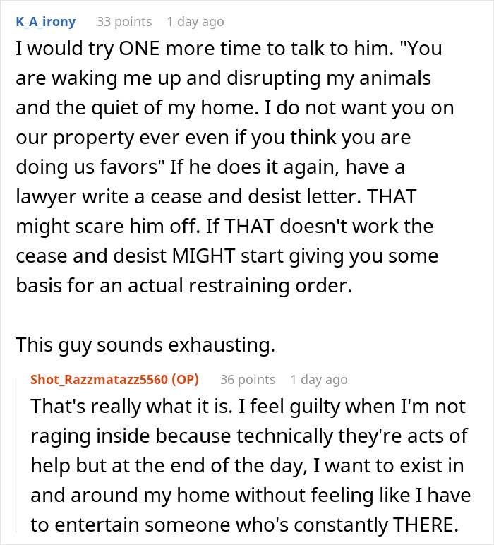 Reddit comments discussing a neighbor's disruptive visit and a woman’s revenge with a car panic alarm at 6:30 AM. Reddit comments discussing a neighbor's disruptive visit and a woman’s revenge with a car panic alarm at 6:30 AM.