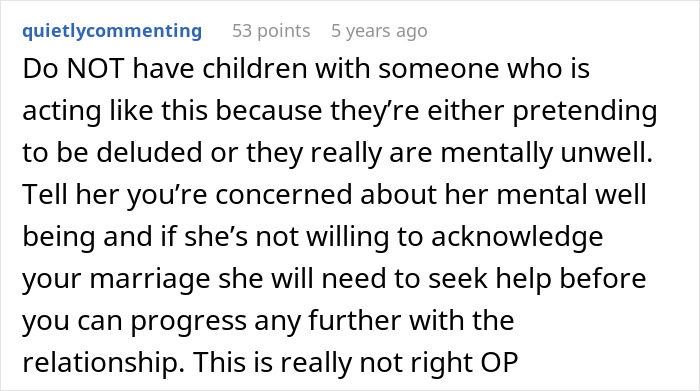 Comment advising caution about having children with a spouse who seems to forget their marriage, highlighting mental health concerns. Comment advising caution about having children with a spouse who seems to forget their marriage, highlighting mental health concerns.