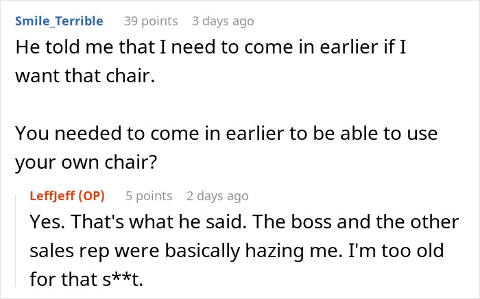 Text conversation about using a $1.8K office chair and workplace hazing leading to job loss.