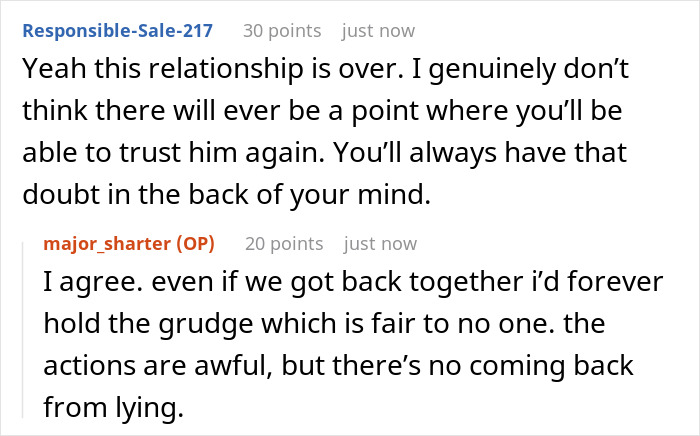 Screenshot of an online conversation discussing trust issues in a relationship involving boyfriend cheating during a vacation.