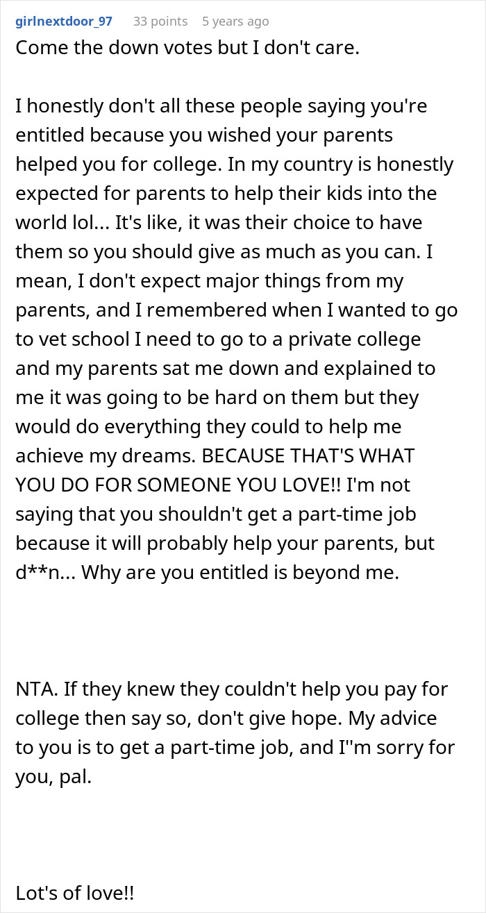 Reddit comment discussing parents using 16YO's college fund for cat surgery and teen's refusal reaction. Reddit comment discussing parents using 16YO's college fund for cat surgery and teen's refusal reaction.