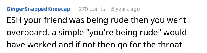 Comment text discussing a conflict where a white lady lectures her black friend to accept her skin and criticizes her surgery.