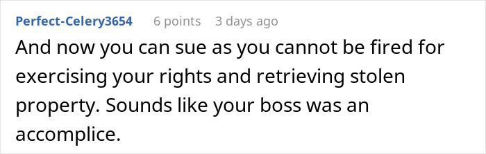 Screenshot of a forum comment discussing rights and job loss related to a $1.8K office chair dispute.